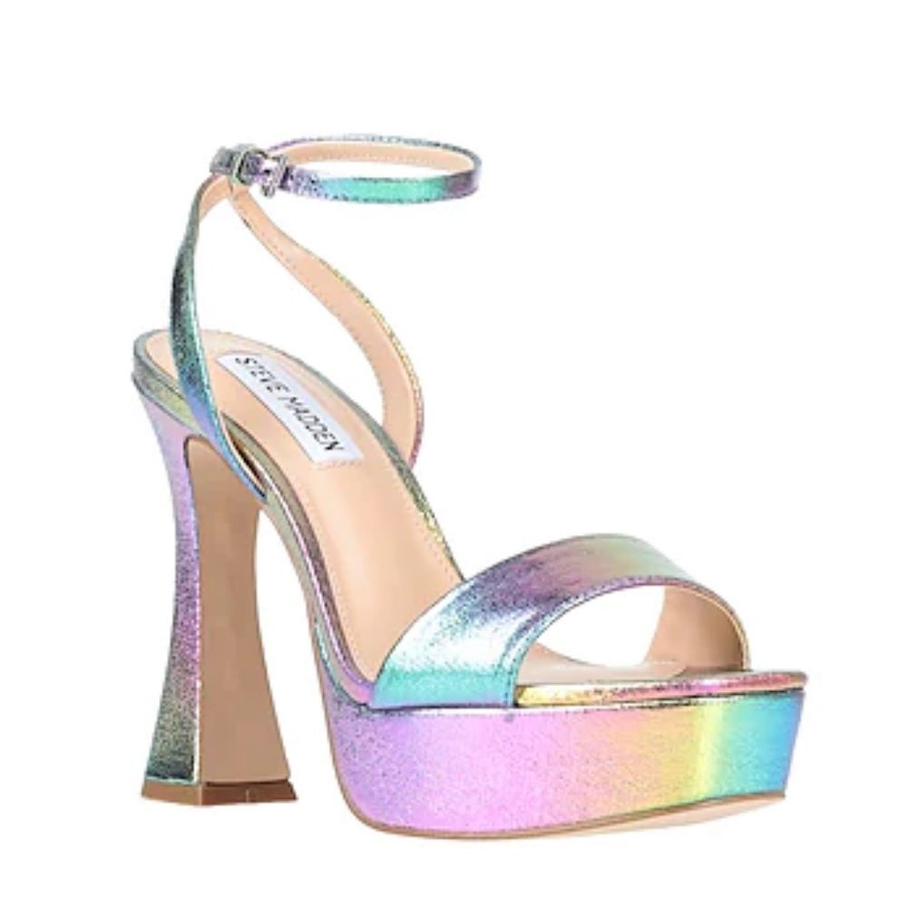 Steve Madden Lessa Ankle Strap Open Toe Heel Sandals Iridescent Rainbow 8M